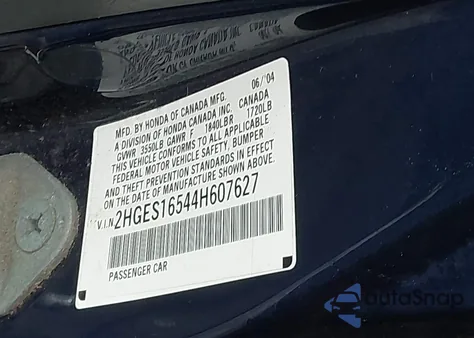 2004 Honda Civic Lx from USA, damaged, VIN 2HGES16544H607627